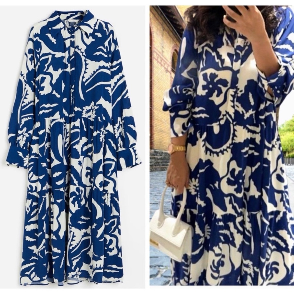 Zara Blue and White Floral Print Tiered Shirt Dress